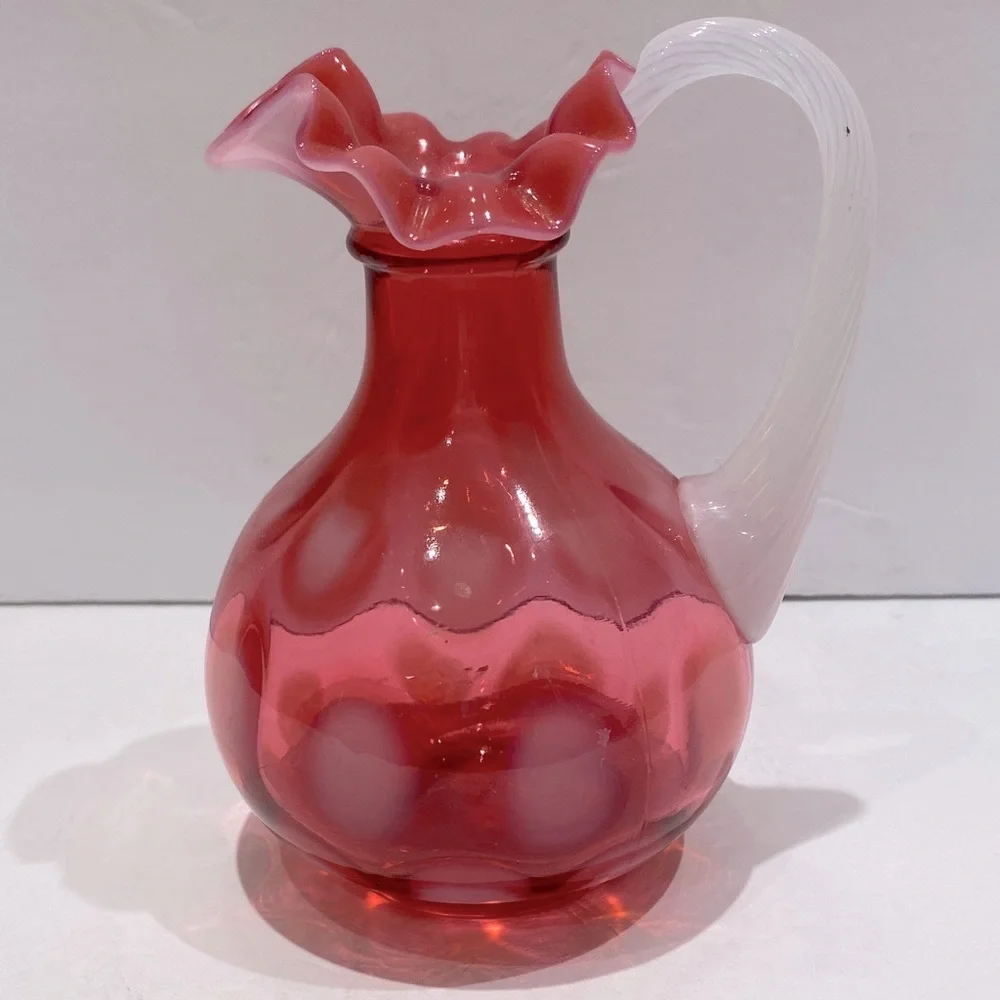 Fenton Cranberry Opalescent Optic Thumbprint Pitcher/Cruet With Applied Handle - Picture 3 of 9